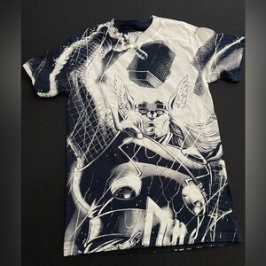 Marvel black tee w/ retro all over print AOP graphic of Thor ‘Thornado’ sz S